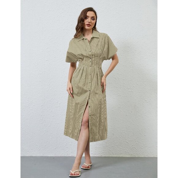 Women Maxi Dress Summer Casual Button Pleated Long Dress Short Sleeve - Picture 3 of 7